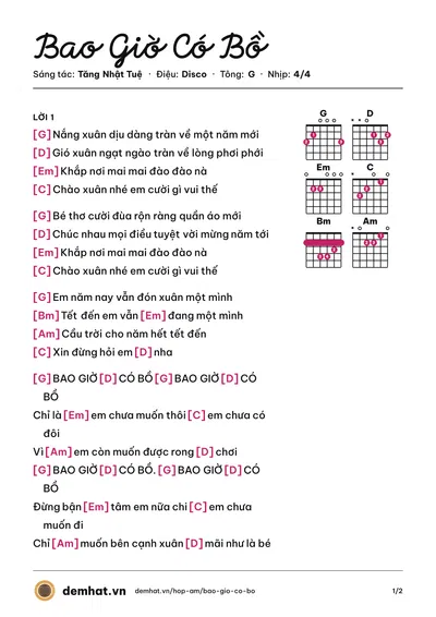 Hợp âm Bao Giờ Có Bồ (Hannie) – bản nhạc PDF trang 1, tông G