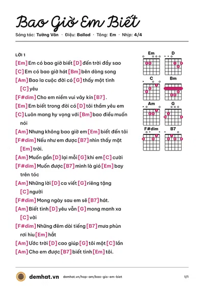 Hợp âm Bao Giờ Em Biết (Kim) – bản nhạc PDF trang 1, tông Em
