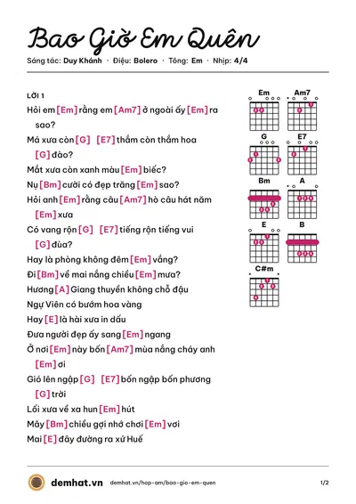 Hợp âm Bao Giờ Em Quên (Trường Vũ) – bản nhạc PDF trang 1, tông Em