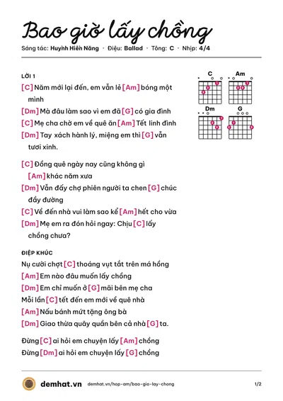 Hợp âm Bao giờ lấy chồng (Bích Phương) – bản nhạc PDF trang 1, tông C