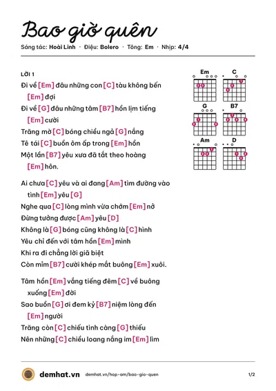 Hợp âm Bao giờ quên (Giao Linh) – bản nhạc PDF trang 1, tông Em