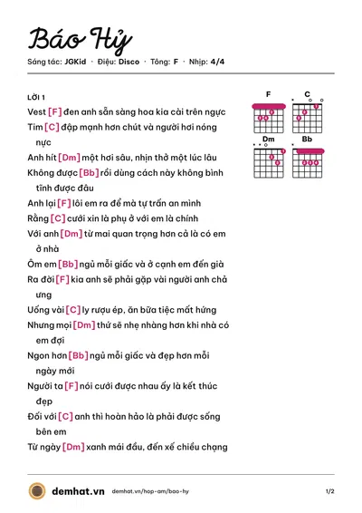 Hợp âm Báo Hỷ (JGKid) – bản nhạc PDF trang 1, tông F