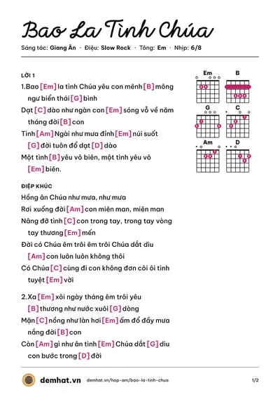 Hợp âm Bao La Tình Chúa (Lm. JB. Nguyễn Sang) – bản nhạc PDF trang 1, tông Em