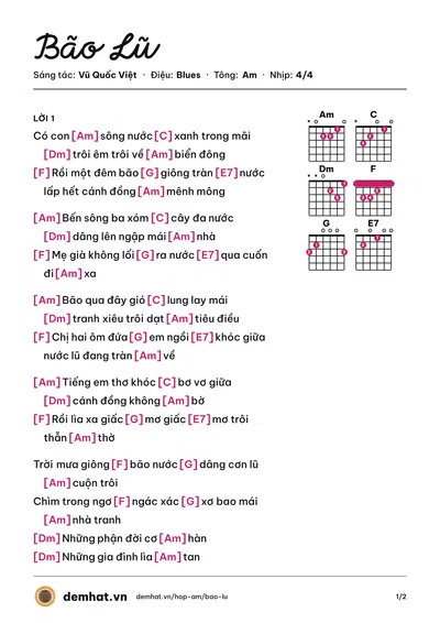 Hợp âm Bão Lũ (Vũ Quốc Việt) – bản nhạc PDF trang 1, tông Am