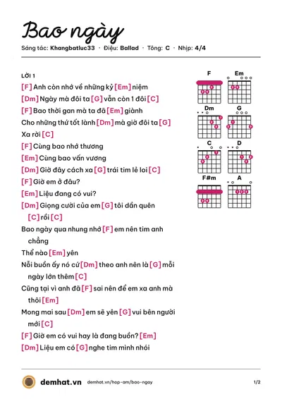 Hợp âm Bao ngày (Khangbatluc33) – bản nhạc PDF trang 1, tông C