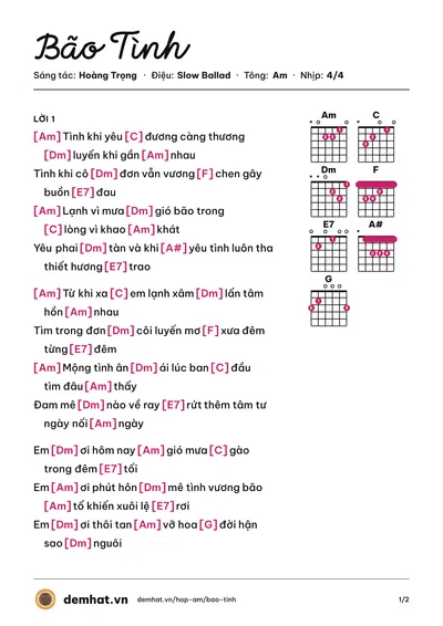 Hợp âm Bão Tình (Khánh Ly) – bản nhạc PDF trang 1, tông Am