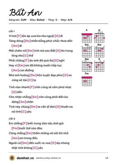 Hợp âm Bất An (ZUM) – bản nhạc PDF trang 1, tông C