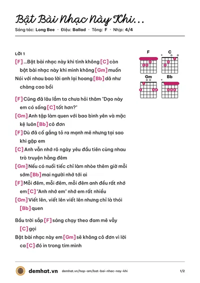 Hợp âm Bật Bài Nhạc Này Khi... (Long Bee) – bản nhạc PDF trang 1, tông F