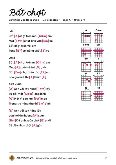 Hợp âm Bất chợt (Cao Ngọc Dung) – bản nhạc PDF trang 1, tông A