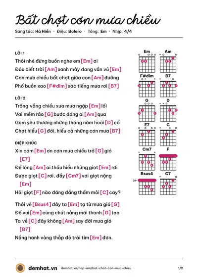 Hợp âm Bất chợt cơn mưa chiều (Nguyễn Hân) – bản nhạc PDF trang 1, tông Em