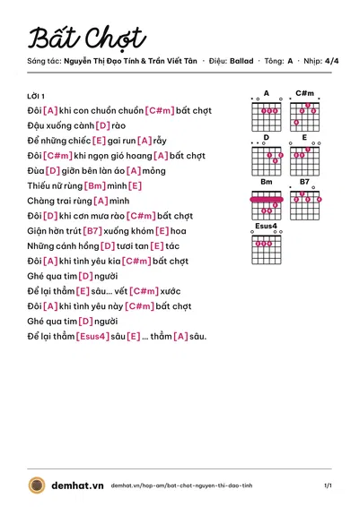 Hợp âm Bất Chợt (Thanh Lam) – bản nhạc PDF trang 1, tông A