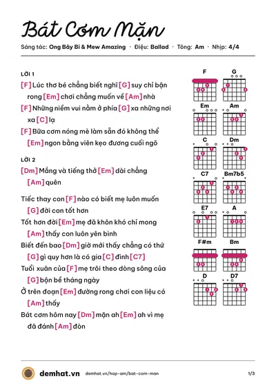 Hợp âm Bát Cơm Mặn (Ong Bây Bi) – bản nhạc PDF trang 1, tông Am