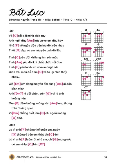 Hợp âm Bất Lực (Nguyễn Trọng Tài) – bản nhạc PDF trang 1, tông C