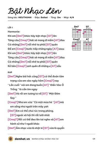 Hợp âm Bật Nhạc Lên (HIEUTHUHAI) – bản nhạc PDF trang 1, tông Dm