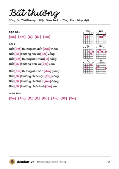 Hợp âm Bất thường (Thế Phương) – bản nhạc PDF trang 1, tông Em
