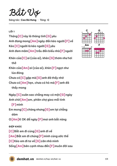 Hợp âm Bắt Vợ (Cao Bá Hưng) – bản nhạc PDF trang 1, tông C