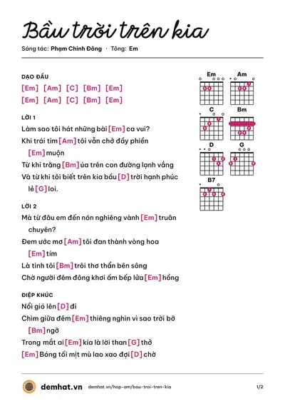 Hợp âm Bầu trời trên kia (Hương Giang) – bản nhạc PDF trang 1, tông Em