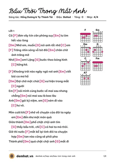 Hợp âm Bầu Trời Trong Mắt Anh (Hồng Dương) – bản nhạc PDF trang 1, tông C