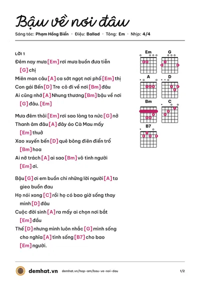 Hợp âm Bậu về nơi đâu (Tố My) – bản nhạc PDF trang 1, tông Em