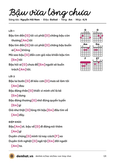 Hợp âm Bậu vừa lòng chưa (Vũ Luân) – bản nhạc PDF trang 1, tông Am