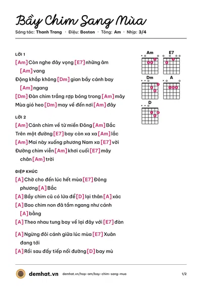 Hợp âm Bầy Chim Sang Mùa (Vũ Trung Hiền) – bản nhạc PDF trang 1, tông Am