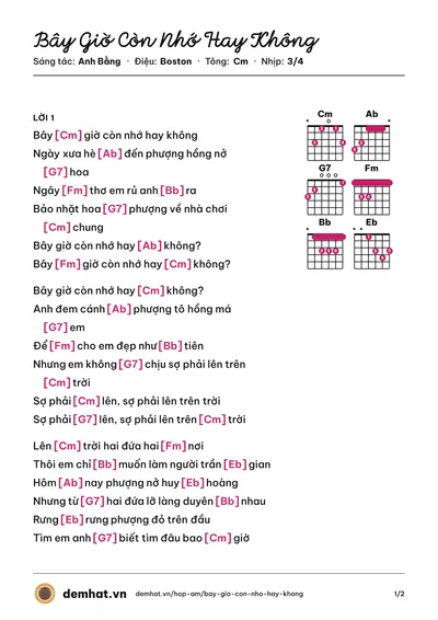 Hợp âm Bây Giờ Còn Nhớ Hay Không (Diễm Liên) – bản nhạc PDF trang 1, tông Cm