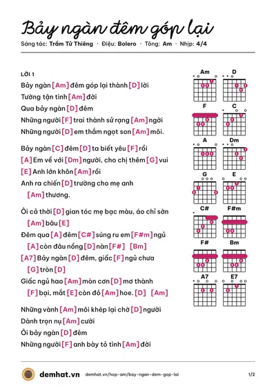 Hợp âm Bảy ngàn đêm góp lại (Quang Lê) – bản nhạc PDF trang 1, tông Am