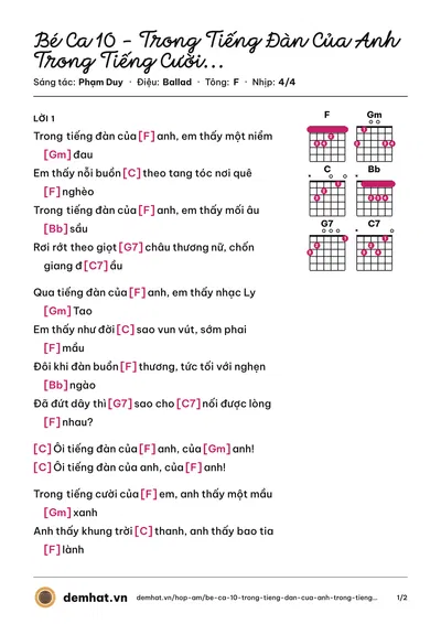Hợp âm Bé Ca 10 - Trong Tiếng Đàn Của Anh Trong Tiếng Cười Của Em (Duy Quang) – bản nhạc PDF trang 1, tông F