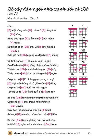 Hợp âm Bé cây đàn ngôi nhà xanh đồi cỏ (Bé ca 7) (Phạm Duy) – bản nhạc PDF trang 1, tông F