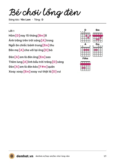 Hợp âm Bé chơi lồng đèn (Yên Lam) – bản nhạc PDF trang 1, tông D