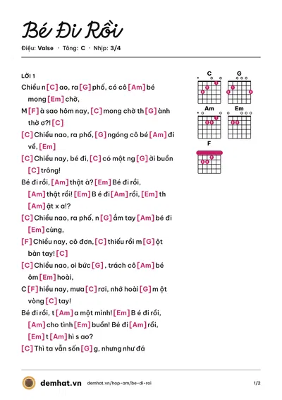 Hợp âm Bé Đi Rồi (Đào Hữu Huy) – bản nhạc PDF trang 1, tông C