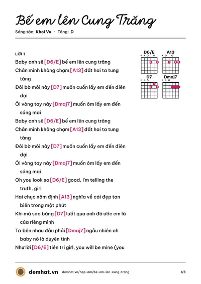 Hợp âm Bế em lên Cung Trăng (Khoi Vu) – bản nhạc PDF trang 1, tông D