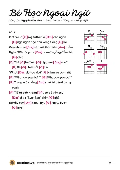 Hợp âm Bé Học Ngoại Ngữ (Bé Candy Ngọc Hà) – bản nhạc PDF trang 1, tông C