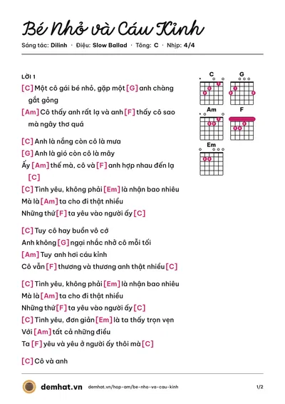 Hợp âm Bé Nhỏ và Cáu Kỉnh (Dilinh) – bản nhạc PDF trang 1, tông C