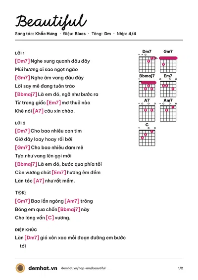 Hợp âm Beautiful (Văn Mai Hương) – bản nhạc PDF trang 1, tông Dm