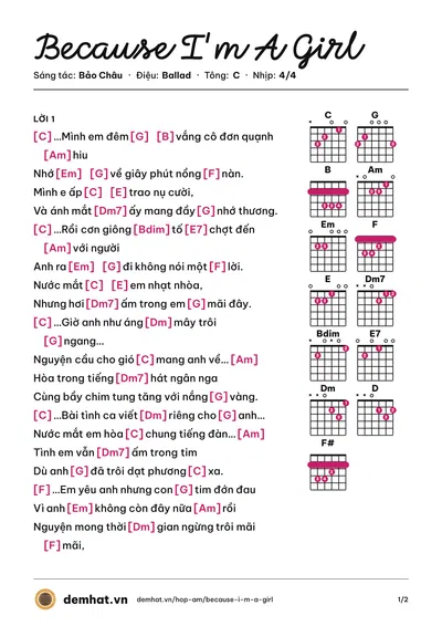Hợp âm Because I'm A Girl (Thúy Ngân) – bản nhạc PDF trang 1, tông C