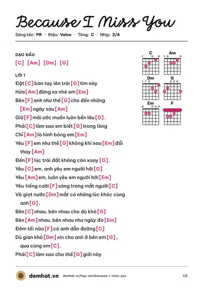 Hợp âm Because I Miss You (Phong Sly Boy) – bản nhạc PDF trang 1, tông C