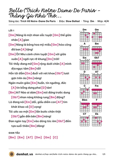 Hợp âm Belle (Trích Notre Dame De Paris - Thằng Gù Nhà Thờ Đức Bà) (Thế Sơn) – bản nhạc PDF trang 1, tông Dm
