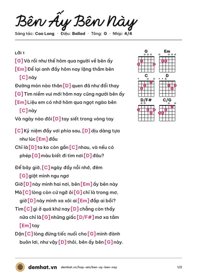 Hợp âm Bên Ấy Bên Này (Cao Long) – bản nhạc PDF trang 1, tông G