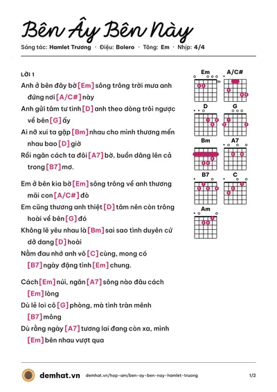 Hợp âm Bên Ây Bên Này (Hamlet Trương) – bản nhạc PDF trang 1, tông Em