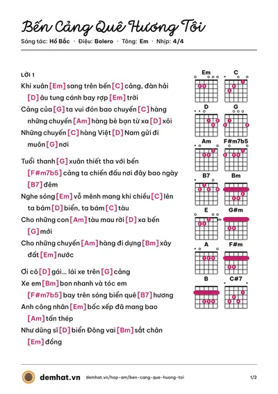 Hợp âm Bến Cảng Quê Hương Tôi (Phương Nga) – bản nhạc PDF trang 1, tông Em