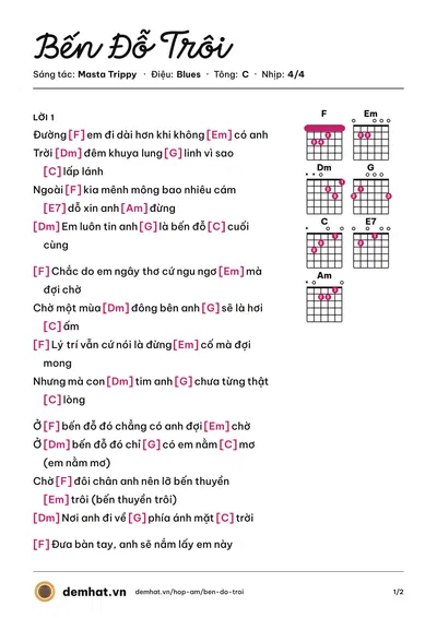 Hợp âm Bến Đỗ Trôi (Huyền Mikii) – bản nhạc PDF trang 1, tông C