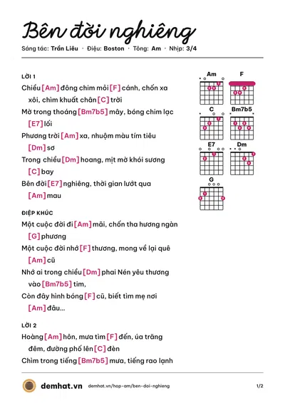 Hợp âm Bên đời nghiêng (Nguyễn Dũng) – bản nhạc PDF trang 1, tông Am
