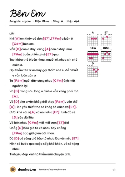 Hợp âm Bên Em (spyder) – bản nhạc PDF trang 1, tông A