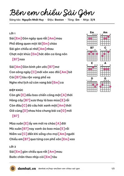 Hợp âm Bên em chiều Sài Gòn (Cẩm Ly) – bản nhạc PDF trang 1, tông Em