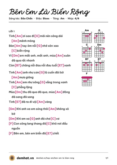 Hợp âm Bên Em Là Biển Rộng (Thanh Lam) – bản nhạc PDF trang 1, tông Am