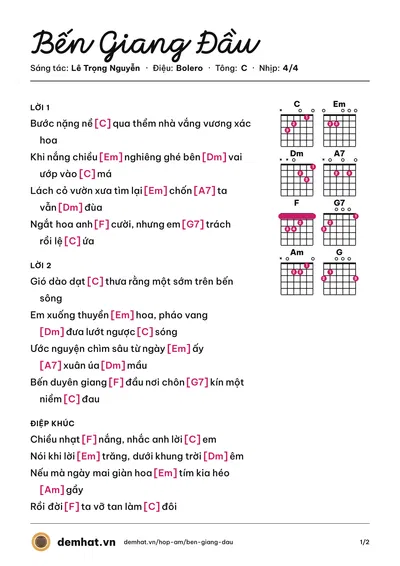 Hợp âm Bến Giang Đầu (Hoàng Oanh) – bản nhạc PDF trang 1, tông C