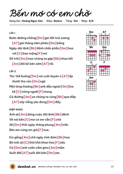 Hợp âm Bến mơ có em chờ (Hoàng Ngọc Sơn) – bản nhạc PDF trang 1, tông Dm