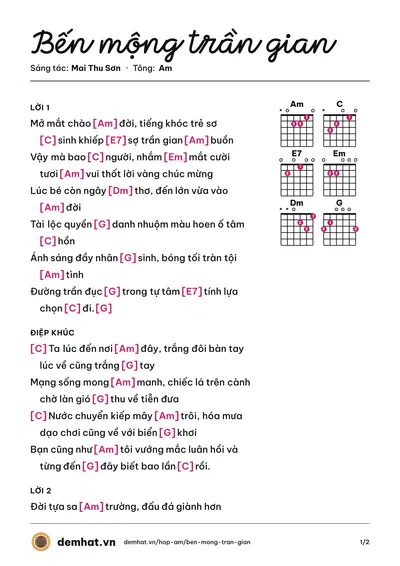 Hợp âm Bến mộng trần gian (Đạt Võ) – bản nhạc PDF trang 1, tông Am