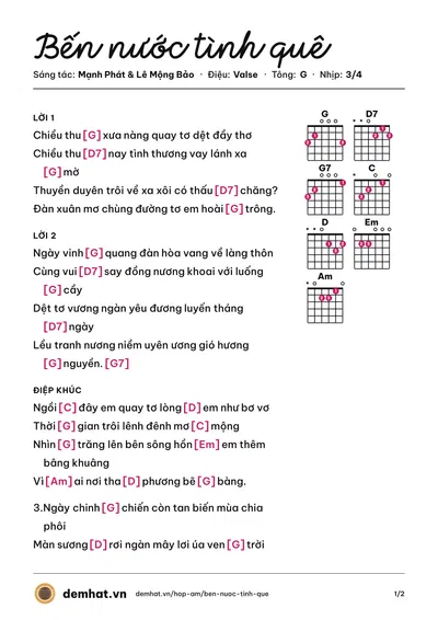 Hợp âm Bến nước tình quê (Lệ Thu) – bản nhạc PDF trang 1, tông G